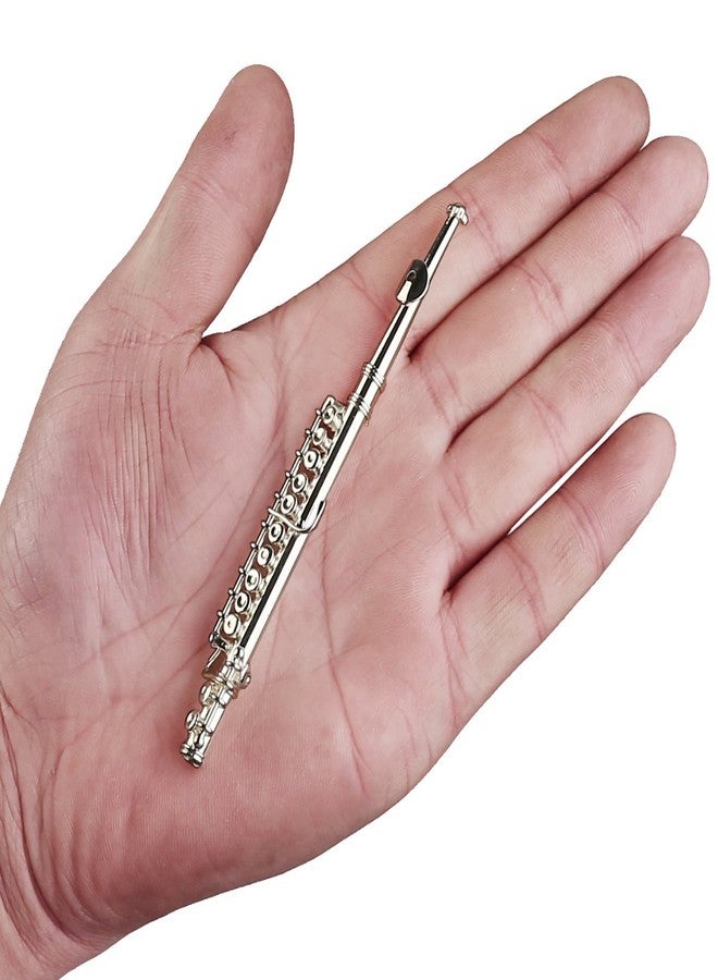 Dselvgvu Miniature Flute with Stand and Case Brass Mini Musical Instrument Flute Replica Collectible Figurines Dollhouse Accessories Model Home Decoration Display Ornament (Silver, 4.29") - Image 2